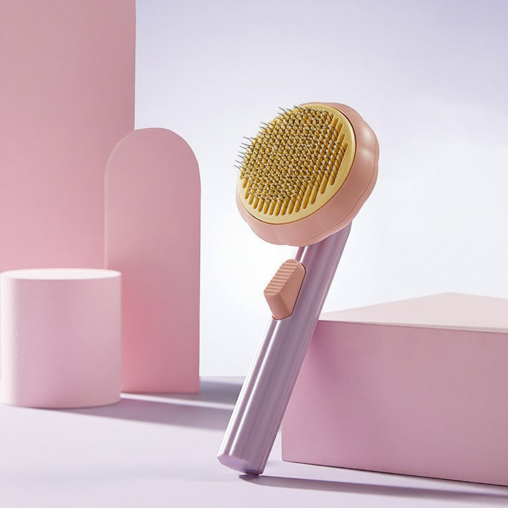 Pink and yellow grooming brush with a white ball on a light pink background