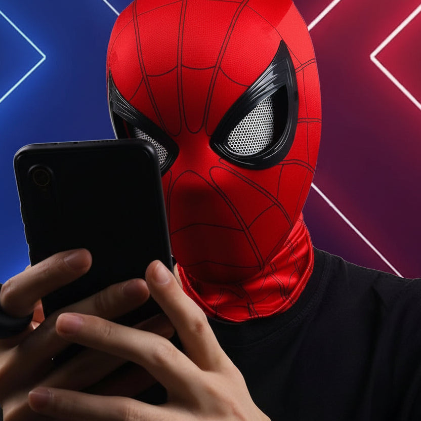 Person wearing a Spider-Man mask using a smartphone with a colorful background