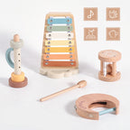 Set of wooden musical toys on a white background with icons and text.