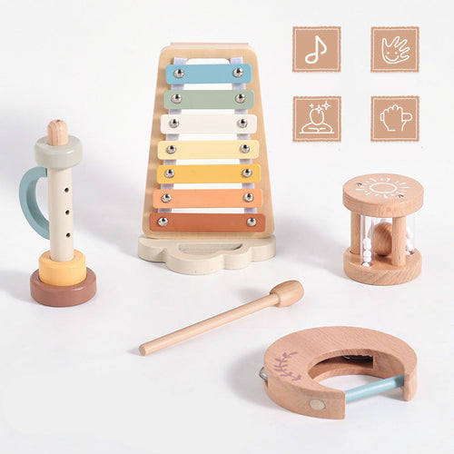 Set of wooden musical toys on a white background with icons and text.