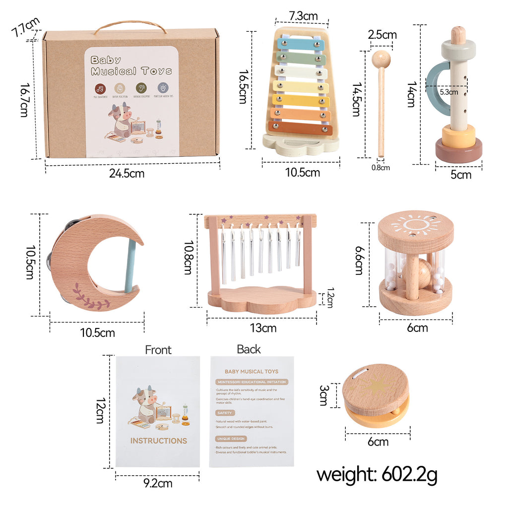 Baby musical toy set with dimensions and packaging details on a white background