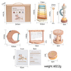 Baby musical toy set with dimensions and packaging details on a white background
