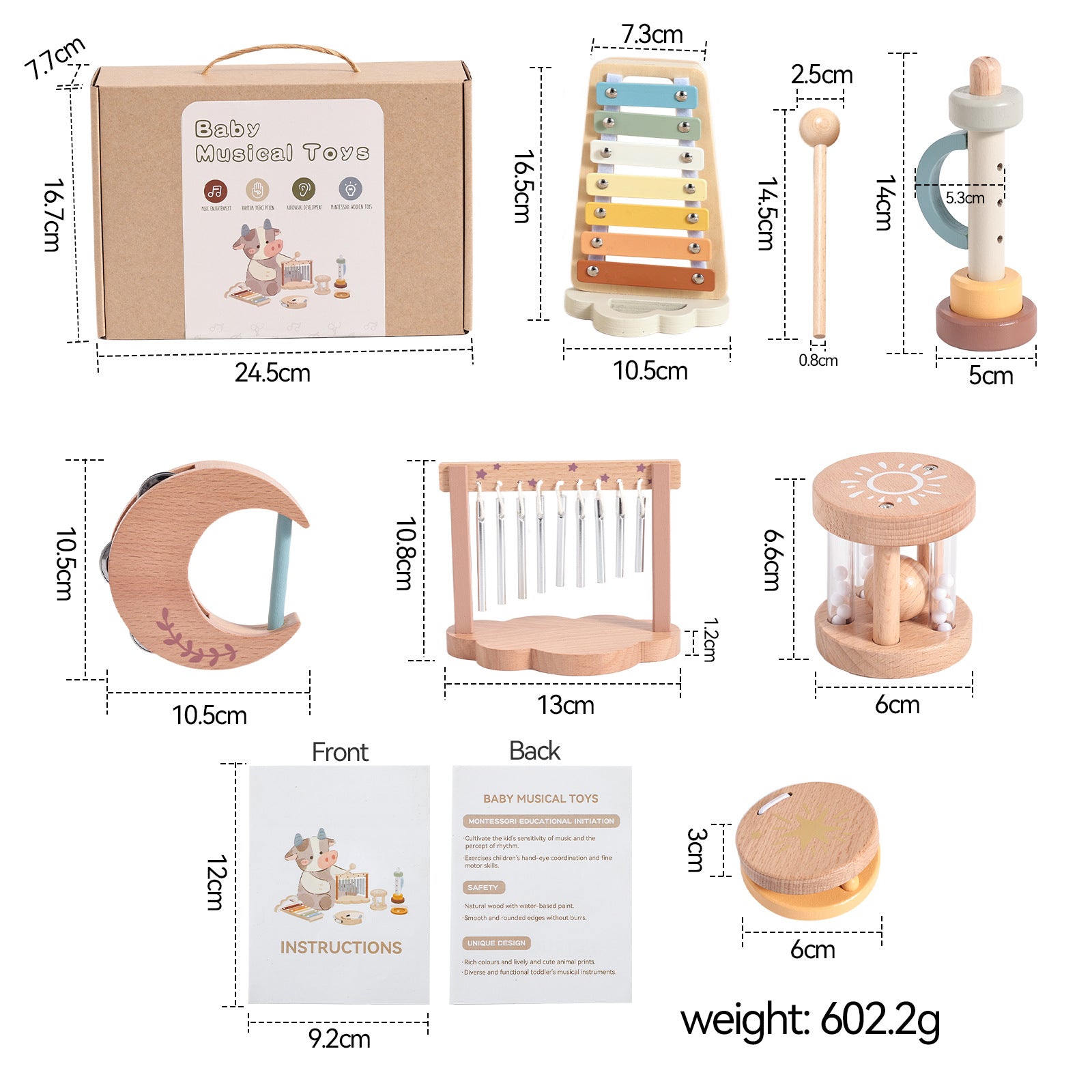 Baby musical toy set with dimensions and packaging details on a white background