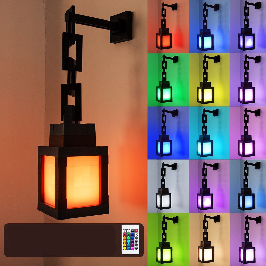 Wall-mounted lamp with color-changing lights and remote control on a gradient background.