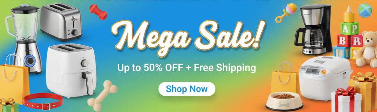 A promotional banner for a mega sale featuring various household appliances and pet accessories. The banner has a colorful gradient background transitioning from blue to green to orange.